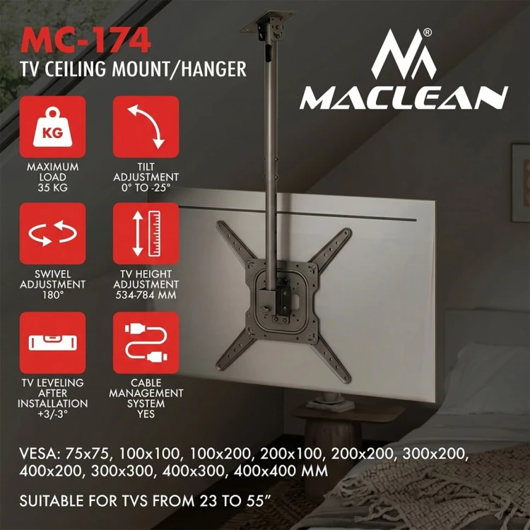MACLEAN UCHWYT / WIESZAK SUFITOWY DLA TV, MAX. OBCIĄŻENIE 35KG, 23-55", MAX VESA 400X400 MC-174