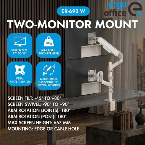 ERGO OFFICE UCHWYT NA 2 MONITORY, SPRĘŻYNA GAZOWA, 17"-32", 1-10KG, BIAŁY MAT ER-692 W