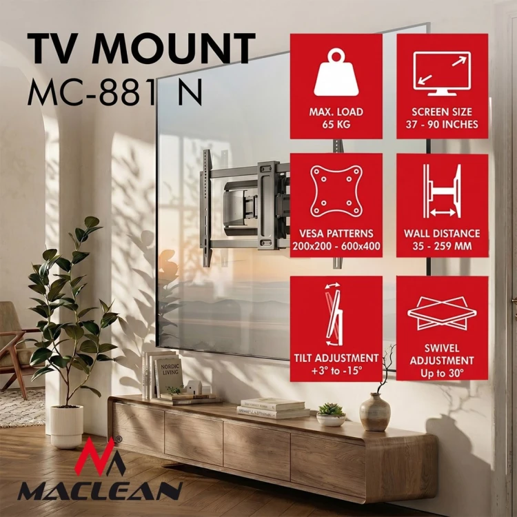 MACLEAN UCHWYT / WIESZAK DO TELEWIZORA, MAX. VESA 600X400, 37-90", MAX. OBCIĄŻENIE 65KG, CZARNY MC-881 N