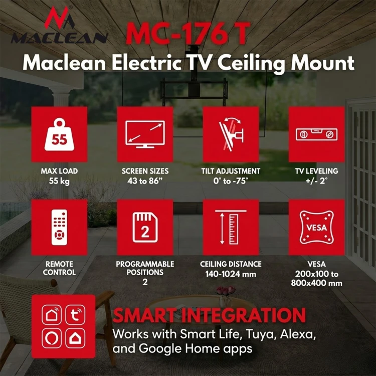 MACLEAN UCHWYT ELEKTRYCZNY DO TV, SUFITOWY, OBSŁUGA TUYA, MAX. VESA 800X400, DLA TV 43-86", MAX. 55KG MC-176 T