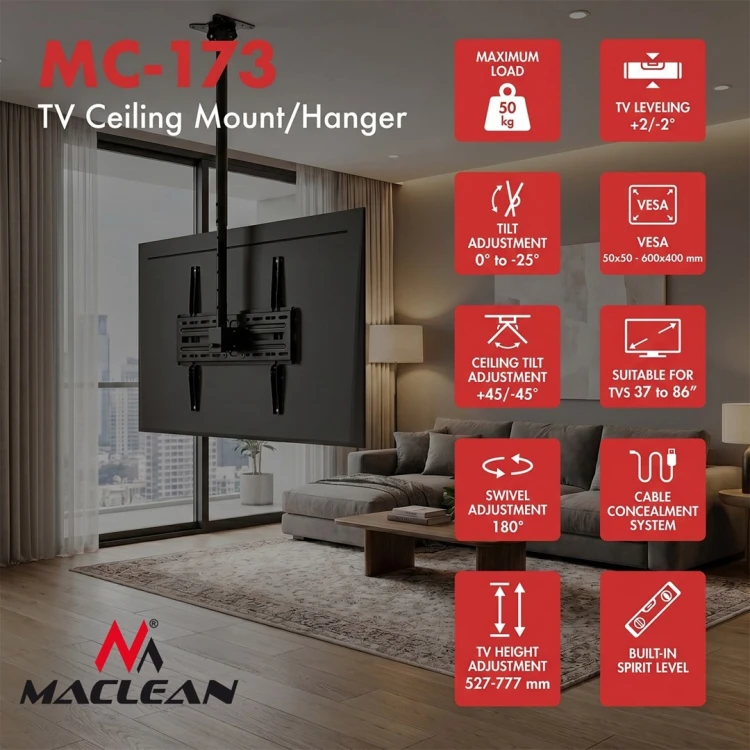 MACLEAN UCHWYT / WIESZAK SUFITOWY DLA TV, MAX. OBCIĄŻENIE 50KG, 37-86", MAX VESA 600X400 MC-173