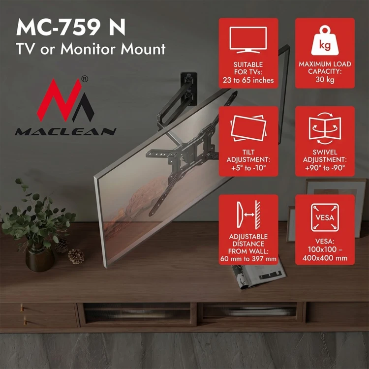 MACLEAN UCHWYT NA TELEWIZOR, MAX. 23–65", MAX. WAGA 30 KG, UNIWERSALNY, MAX. VESA 400X400 MC-759 N