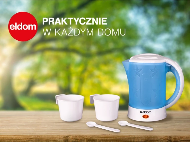 ELDOM CZAJNIK TURYSTYCZNY C190 LINO 0,6 L 550W NIEBIESKI + DWA KUBKI, DWIE ŁYŻECZKI