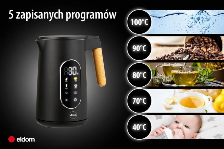ELDOM CZAJNIK BEZPRZEWODOWY Z REGULACJĄ TEM. C550 CZARNY 5 ZAPISANYCH PROGRAMÓW: 40, 70, 80, 90, 100°C (TWORZYWO + STAL SZLAC