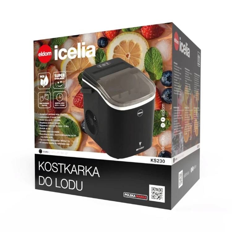 ELDOM KOSTKARKA DO LODU KS230 ICELIA 165W, CZARNA, 12 KG LODU/24H; JEDNORAZOWO 9 KOSTEK LODU CO 6 – 12 MIN