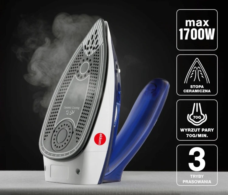 ELDOM ŻELAZKO TURYSTYCZNE DA50 900W NIEBIESKIE, PRASOWANIE NA SUCH, Z PARĄ15G/MIN, UDERZENIE PARY 70G/MIN