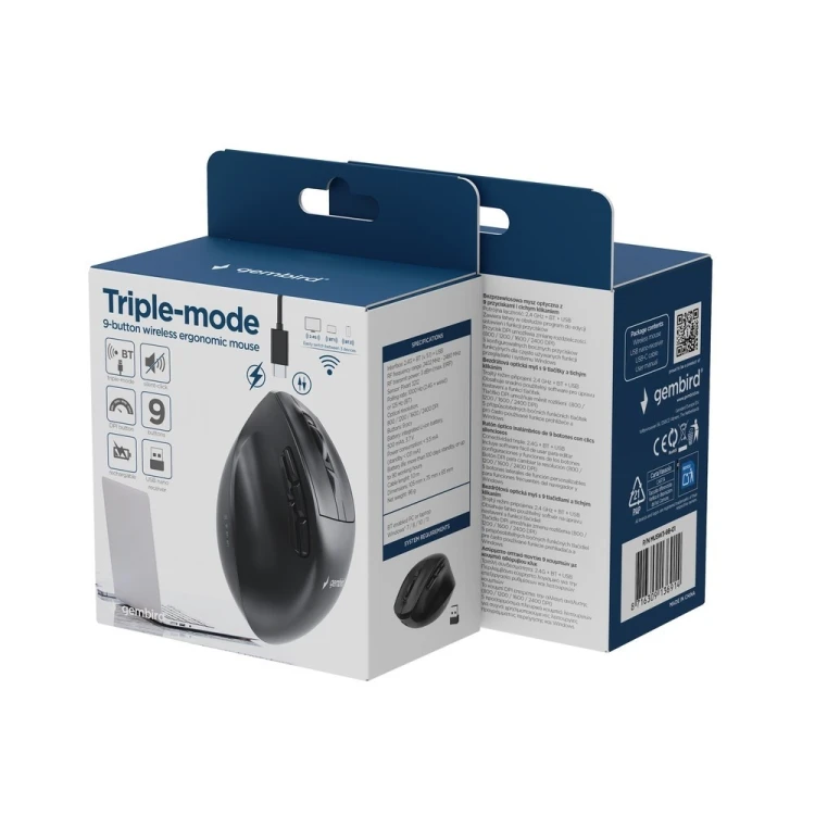 GEMBIRD BEZPRZEWODOWA, ERGONOMICZNA MYSZ TRI MODE (2.4G + BT + USB) 2400 DPI, 9 PRZYCISKÓW, CZARNA