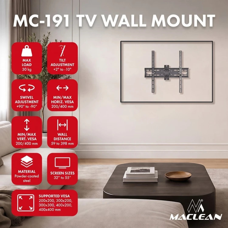 MACLEAN UCHWYT WIESZAK DO TV 32-55'' UCHWYT / WIESZAK DO TV MACLEAN, MAX VESA 400X400, 32-55", DO 30KG, CZARNY, REG. POCHYŁU