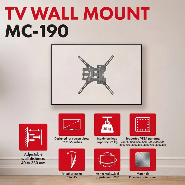 MACLEAN UCHWYT WIESZAK DO TV 32-55'' UCHWYT / WIESZAK DO TV MACLEAN, MAX VESA 400X400, 32-55", DO 25KG, CZARNY, REG. POCHYŁU