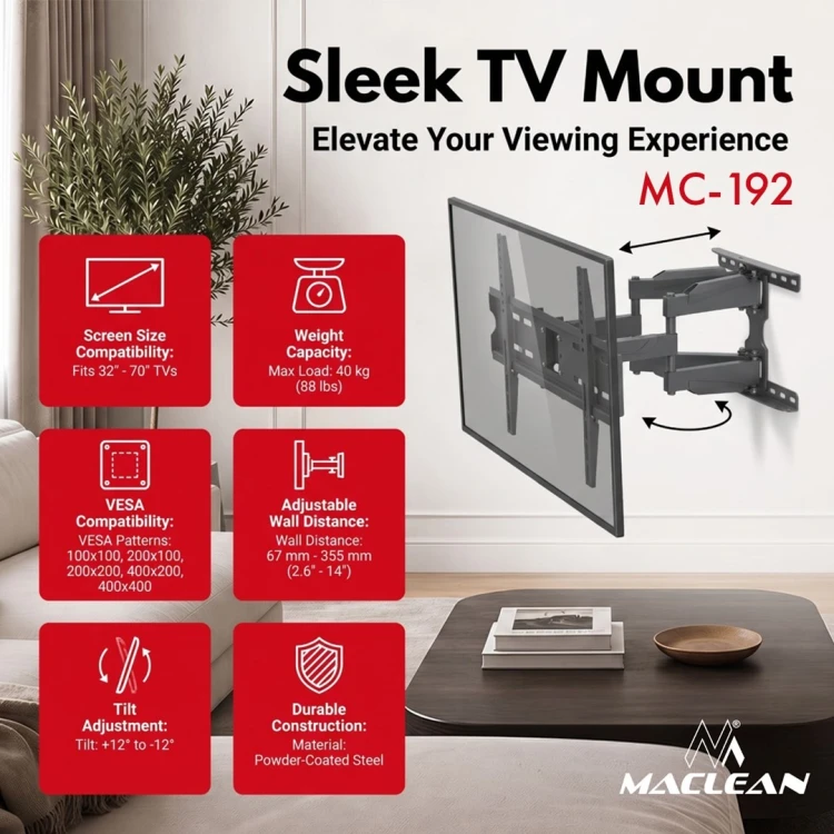 MACLEAN UCHWYT WIESZAK DO TV UCHWYT WIESZAK DO TV 32-70''MAX VESA 400X400, 32-70", DO 40KG, CZARNY, REG. POCHYŁU +12°~-12° I