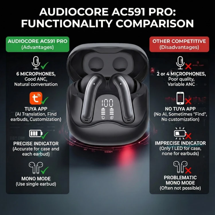 Słuchawki bezprzewodowe Audiocore, hybrydowe ANC, ENC, 6 mikrofonów, etui ładujące, Tuya, AC591 PRO
