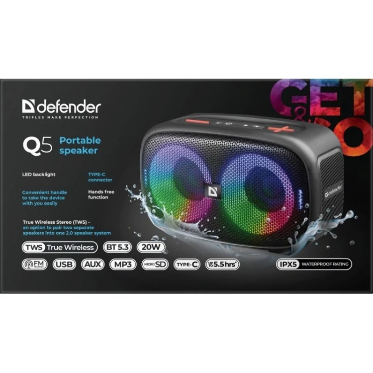 GŁOŚNIK DEFENDER Q5 BLUETOOTH 5.3 20W LED/BT/FM/USB/TWS