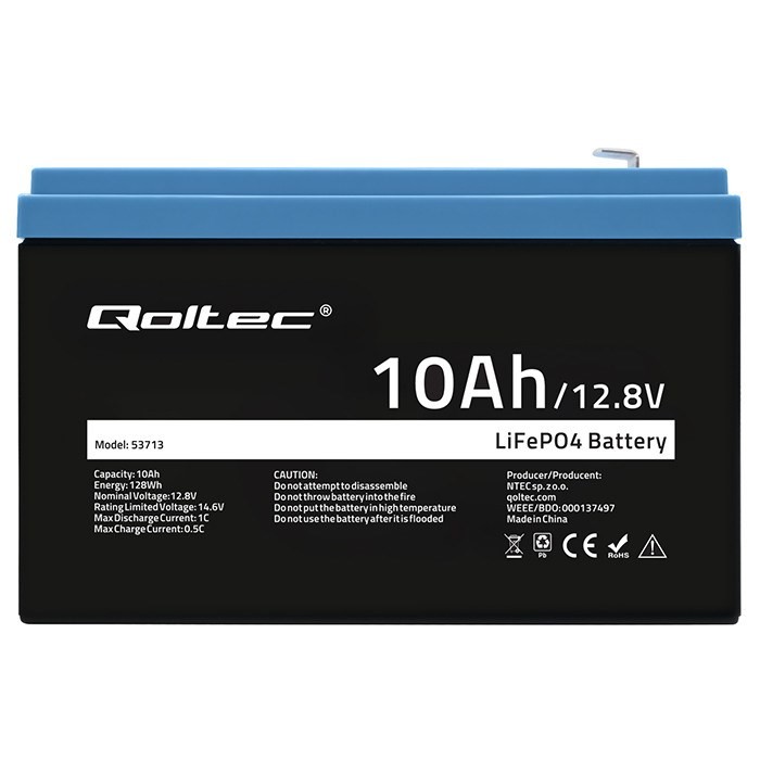 Qoltec 53713 Akumulator LiFePO4 Litowo-Żelazowo-Fosforanowy | 12.8V | 10Ah | 128Wh | BMS