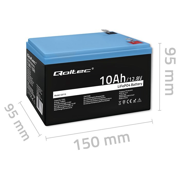 Qoltec 53713 Akumulator LiFePO4 Litowo-Żelazowo-Fosforanowy | 12.8V | 10Ah | 128Wh | BMS