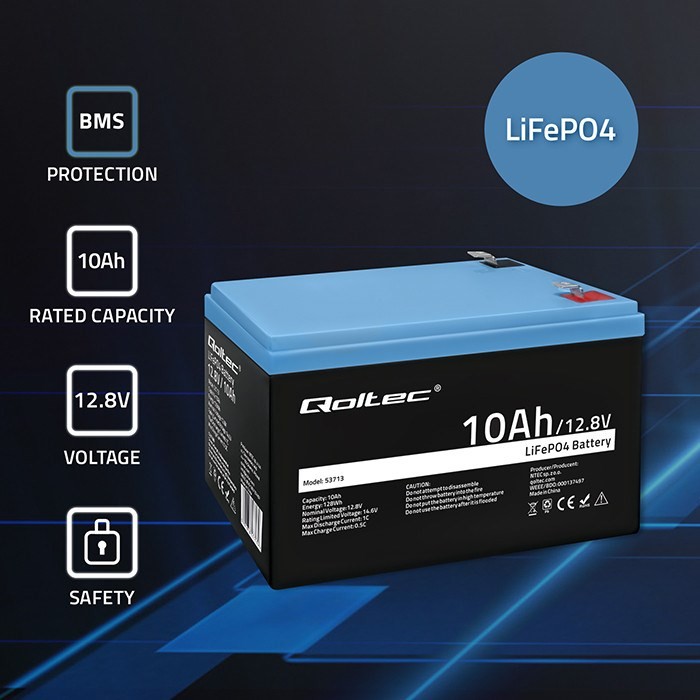 Qoltec 53713 Akumulator LiFePO4 Litowo-Żelazowo-Fosforanowy | 12.8V | 10Ah | 128Wh | BMS