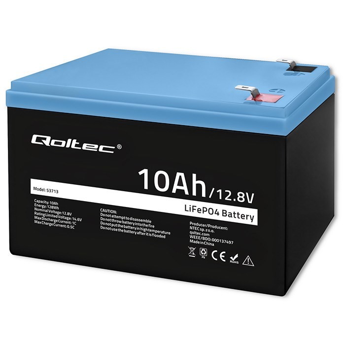 Qoltec 53713 Akumulator LiFePO4 Litowo-Żelazowo-Fosforanowy | 12.8V | 10Ah | 128Wh | BMS