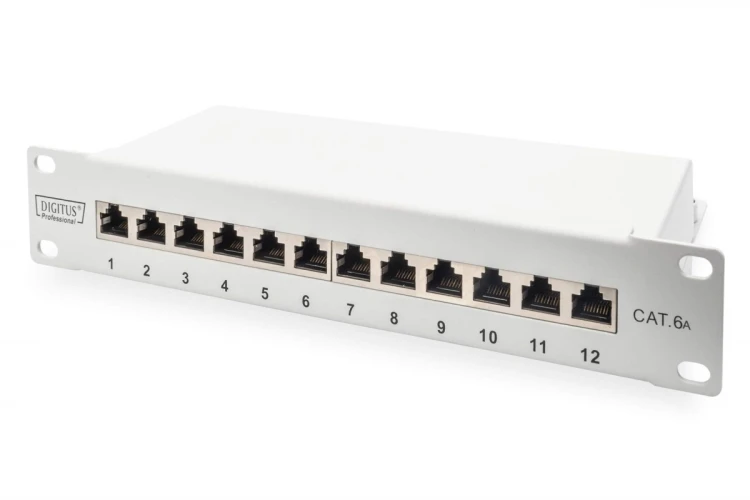 Digitus Panel krosowy (patch panel) 10'' 12x RJ45, LSA poziom, kat.6A, ekranowany, 1U, szary, prowadnica kabli