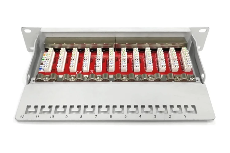Digitus Panel krosowy (patch panel) 10'' 12x RJ45, LSA poziom, kat.6A, ekranowany, 1U, szary, prowadnica kabli
