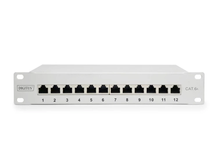 Digitus Panel krosowy (patch panel) 10'' 12x RJ45, LSA poziom, kat.6A, ekranowany, 1U, szary, prowadnica kabli