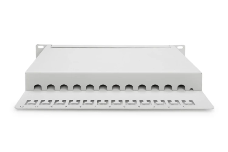 Digitus Panel krosowy (patch panel) 10'' 12x RJ45, LSA poziom, kat.6A, ekranowany, 1U, szary, prowadnica kabli