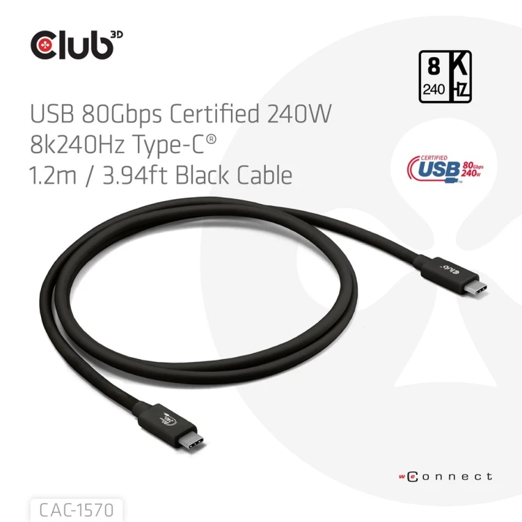 CLUB3D CAC-1570 kabel USB USB4 Gen 2x2 1,2 m USB C 80 Gbit/s 240 W Czarny