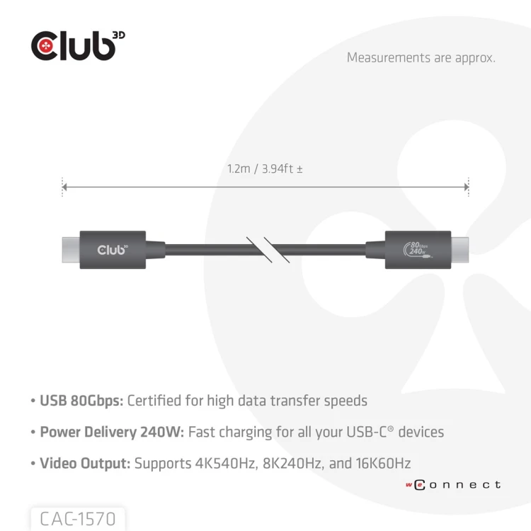 CLUB3D CAC-1570 kabel USB USB4 Gen 2x2 1,2 m USB C 80 Gbit/s 240 W Czarny