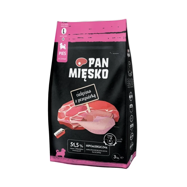Pan Mięsko Karma sucha dla psa Cielęcina z przepiórką (szczeniak) chrupki L 3kg