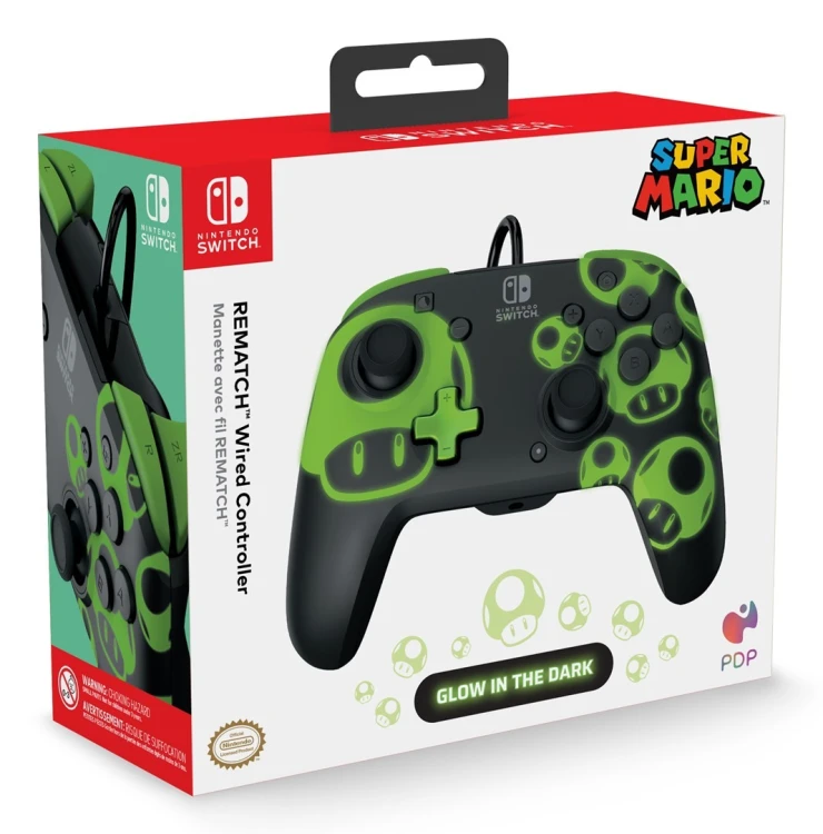 PDP REMATCH: 1-Up Glow in the Dark Czarny, Zielony USB Gamepad Analogowa/Cyfrowa Nintendo Switch, Nintendo Switch OLED
