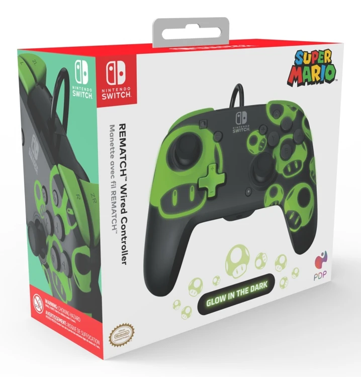 PDP REMATCH: 1-Up Glow in the Dark Czarny, Zielony USB Gamepad Analogowa/Cyfrowa Nintendo Switch, Nintendo Switch OLED