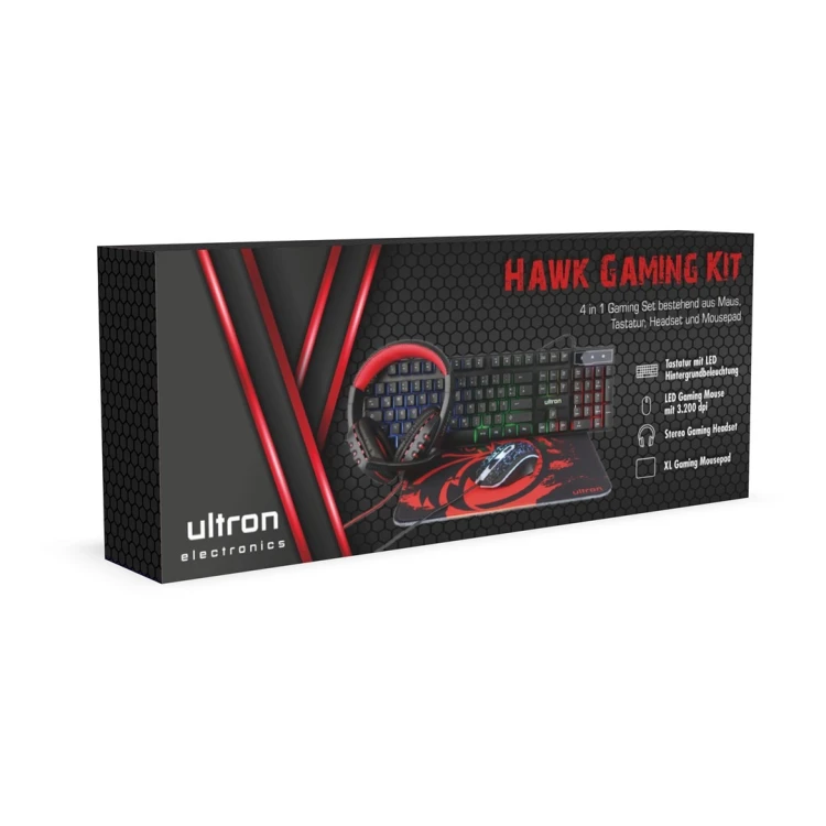 Ultron HAWK Gaming Set klawiatura Dołączona myszka QWERTZ Niemiecki Czarny, Czerwony, Biały