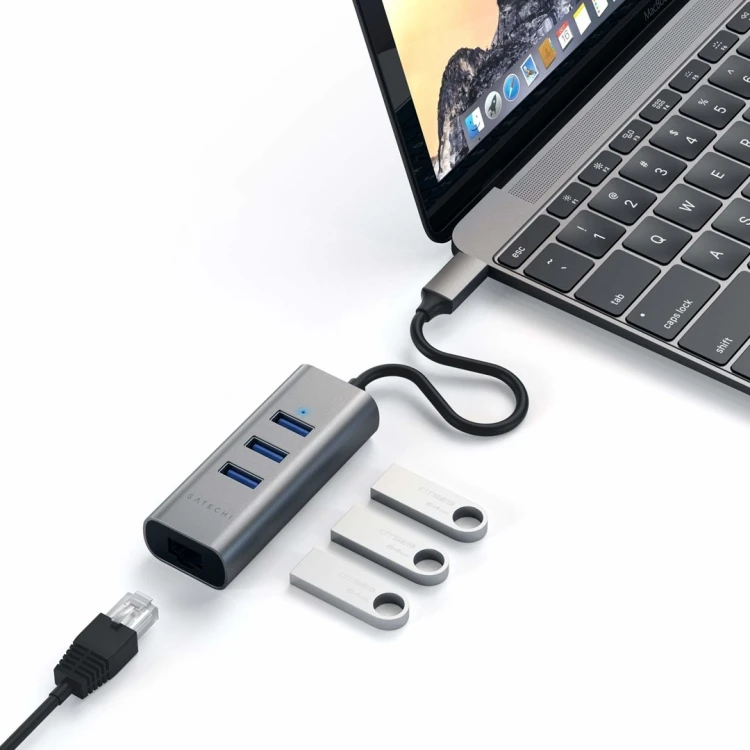 Satechi Aluminium Hub 2in1 - aluminiowy Hub do laptopów i komputerów stacjonarnych USB-C (3x USB-A, Ethernet) (space gray)