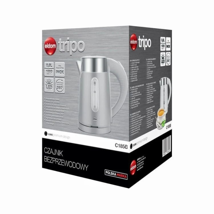 ELDOM CZAJNIK BEZPRZEWODOWY 185B TRIPO BIAŁY 1000W 0,8 L, BPA FREE, IZOLOWANY