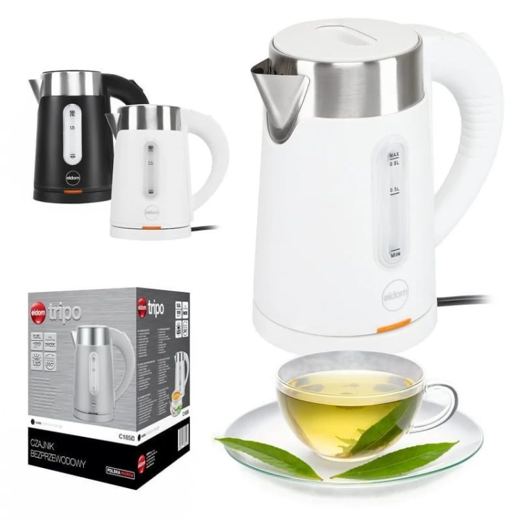 ELDOM CZAJNIK BEZPRZEWODOWY 185B TRIPO BIAŁY 1000W 0,8 L, BPA FREE, IZOLOWANY