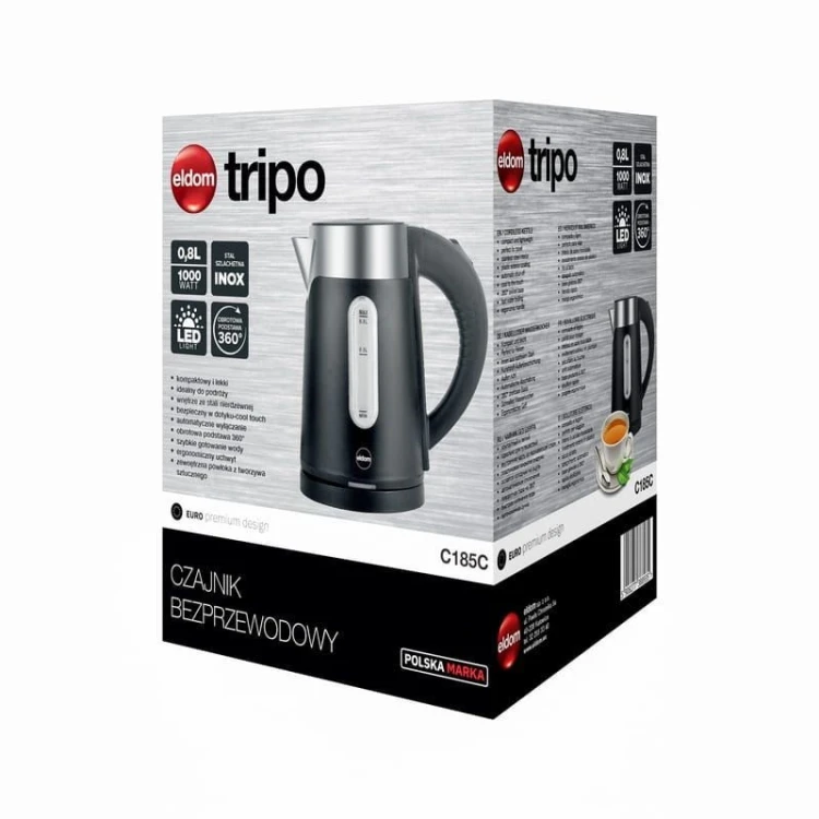ELDOM CZAJNIK BEZPRZEWODOWY C185C TRIPO CZARNY 1000W 0,8 L, BPA-FREE, IZOLOWANY
