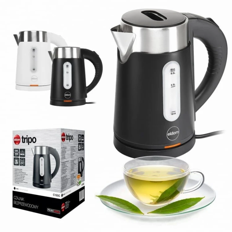 ELDOM CZAJNIK BEZPRZEWODOWY C185C TRIPO CZARNY 1000W 0,8 L, BPA-FREE, IZOLOWANY