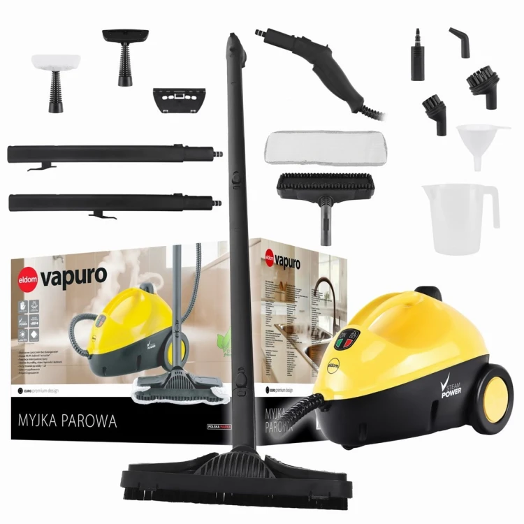ELDOM MYJKA PAROWA CM2000 VAPURO 1500W 1,2 L POJ. 15 ELEMENTÓW: WĄŻ KARBOWANY, 2-CZĘŚCIOWA RURA, SZCZOTKA PODŁOGOWA, MYJKA DO