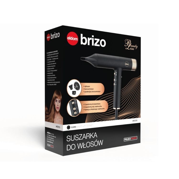 ELDOM SUSZARKA DO WŁOSÓW HT270 BRIZO 2000W TECHNOLOGIA SUPER-SILENT 3 OZIOMY NADMUCHU,JONOZACJA FUNKCJA AUTO-CLEANING; FUNKCJ