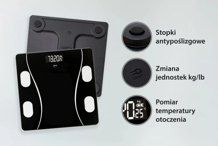 ELDOM INTELIGENTNA WAGA OSOBOWA TWO610 ILIIE DO 180 KG, WSKAŹNIK BMI ,BMR,LBM APLIKACJA KOMPATYBILNA Z SYSTEMAMI ANDROID ORAZ