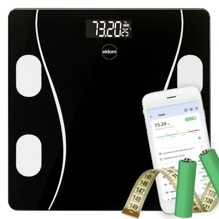 ELDOM INTELIGENTNA WAGA OSOBOWA TWO610 ILIIE DO 180 KG, WSKAŹNIK BMI ,BMR,LBM APLIKACJA KOMPATYBILNA Z SYSTEMAMI ANDROID ORAZ