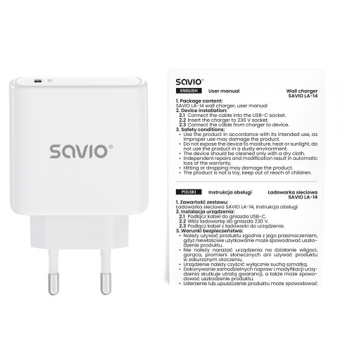 SAVIO ŁADOWARKA SIECIOWA LA-14 20W POWER DELIVERY 3.0, BIAŁA