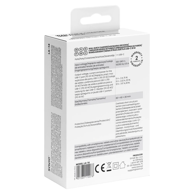 SAVIO ŁADOWARKA SIECIOWA LA-14 20W POWER DELIVERY 3.0, BIAŁA