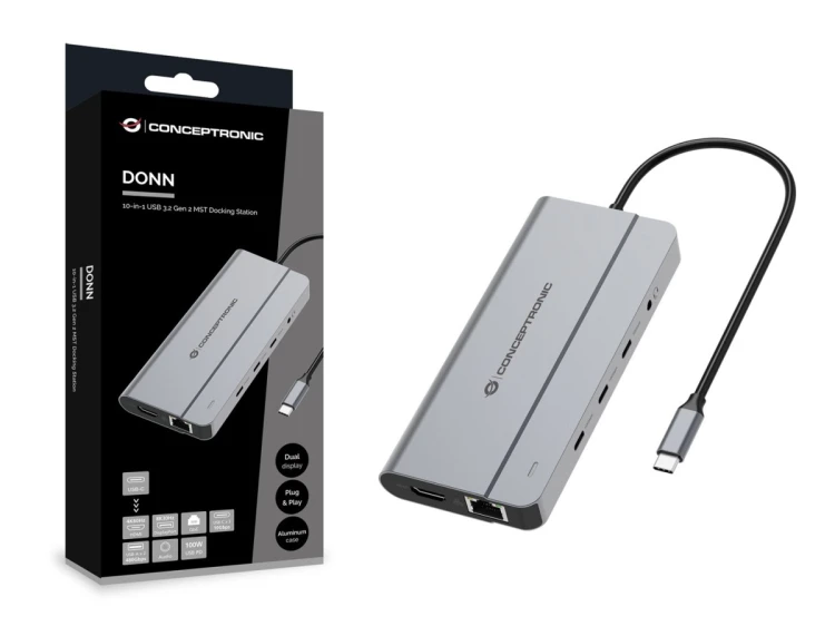 Conceptronic DONN34G stacja dokująca Przewodowa USB 3.2 Gen 2 (3.1 Gen 2) Type-C Szary