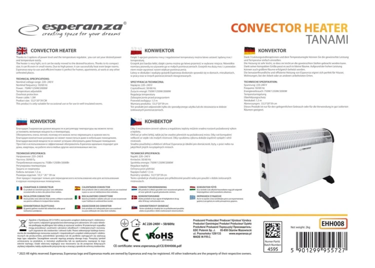 ESPERANZA KONWEKTOR 750W/1250W/2000W TANAMI BIAŁY EHH008