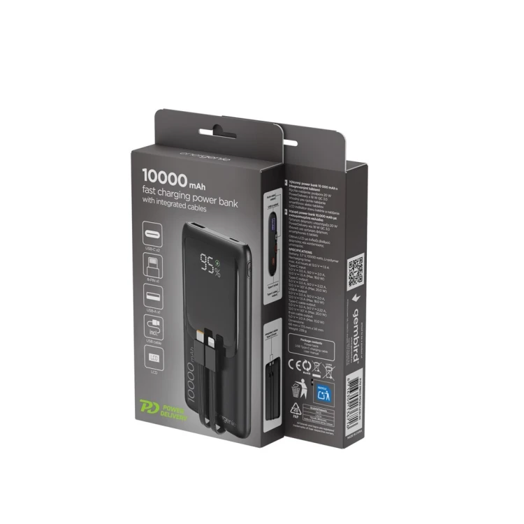 GEMBIRD POWERBANK O POJEMNOŚCI 10000MAH Z WYŚWIETLACZEM LCD ZINTEGROWANYMI KABLAMI SZYBKIM ŁADOWANIEM QC3.0 20W