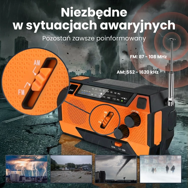 Extralink EX.93746 RADIO AWARYJNE SOLARNE Z KORBKA DYNAMO POWERBANK 4000MAH Z LATARKA SOS SR-4000 Przenośny Analogowy