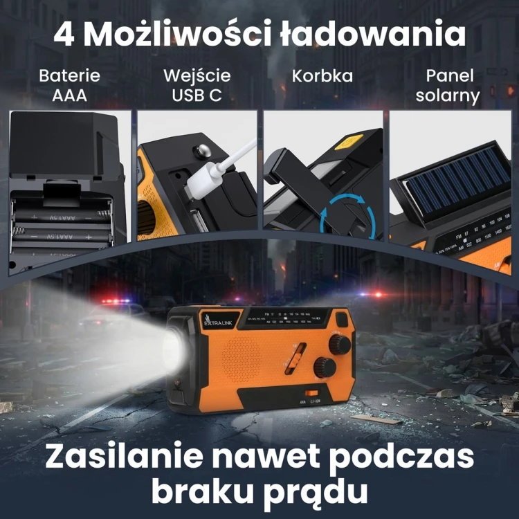 Extralink EX.93746 RADIO AWARYJNE SOLARNE Z KORBKA DYNAMO POWERBANK 4000MAH Z LATARKA SOS SR-4000 Przenośny Analogowy