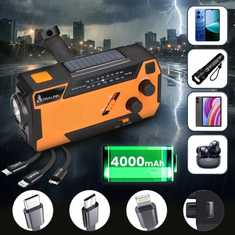 Extralink EX.93746 RADIO AWARYJNE SOLARNE Z KORBKA DYNAMO POWERBANK 4000MAH Z LATARKA SOS SR-4000 Przenośny Analogowy