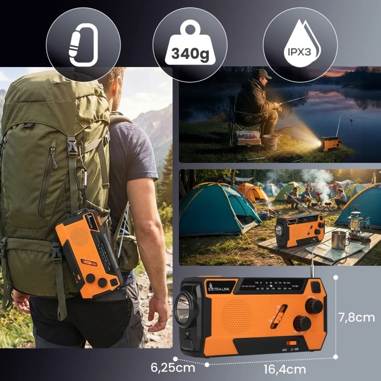 Extralink EX.93746 RADIO AWARYJNE SOLARNE Z KORBKA DYNAMO POWERBANK 4000MAH Z LATARKA SOS SR-4000 Przenośny Analogowy
