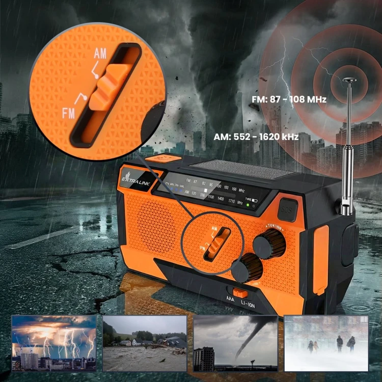 Extralink EX.93746 RADIO AWARYJNE SOLARNE Z KORBKA DYNAMO POWERBANK 4000MAH Z LATARKA SOS SR-4000 Przenośny Analogowy