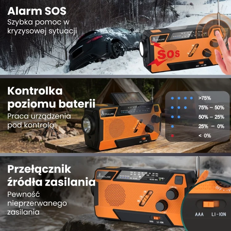 Extralink EX.93746 RADIO AWARYJNE SOLARNE Z KORBKA DYNAMO POWERBANK 4000MAH Z LATARKA SOS SR-4000 Przenośny Analogowy